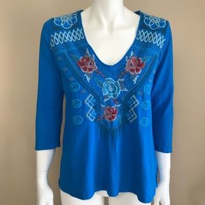 Johnny Was blue cotton embroidered tunic top XS Great Condition